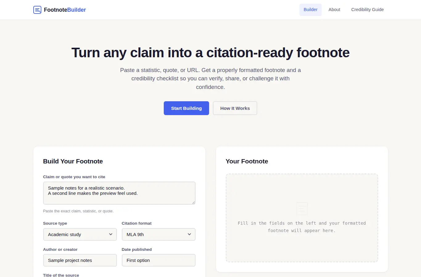 Screenshot of Argument Footnote Builder interface showing the project page in use